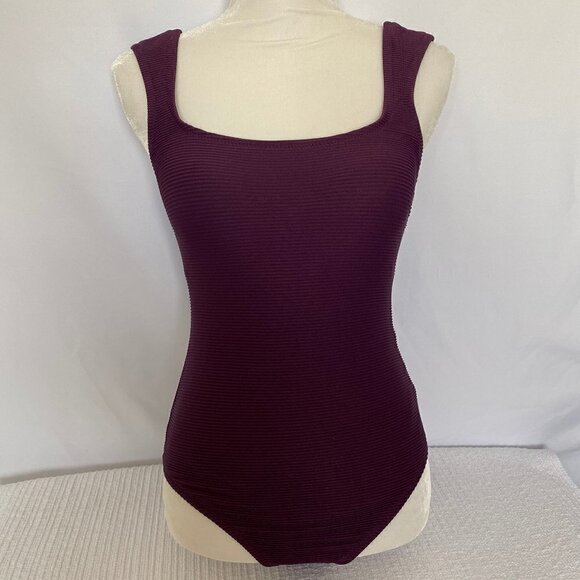 One Piece Square Neck Deep Purple Wine Bathing Suit - Picture 2 of 11
